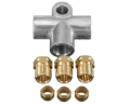 Téčko s výstupy 3x trubka 3/16" (4,75mm) se závity M10 x 1.0 s držákem
