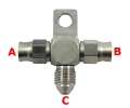 Téčko s výstupy 2x PTFE hadice D-03 (AN3) + 1x samec D-03 (AN3) 3/8"x24-UNF - nerezové (s držákem)
